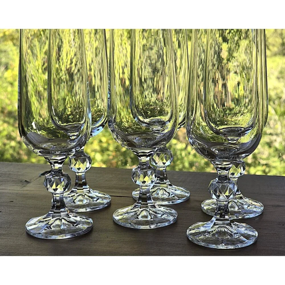 BOHEMIA CLAUDIA Czech Cut Crystal Fluted‎ Champagne Glasses - Set of 6